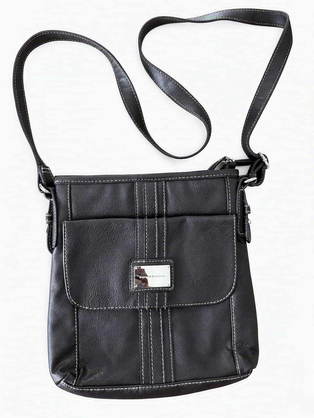 Black Leather-Look Messenger Bag with Contrast Stitching